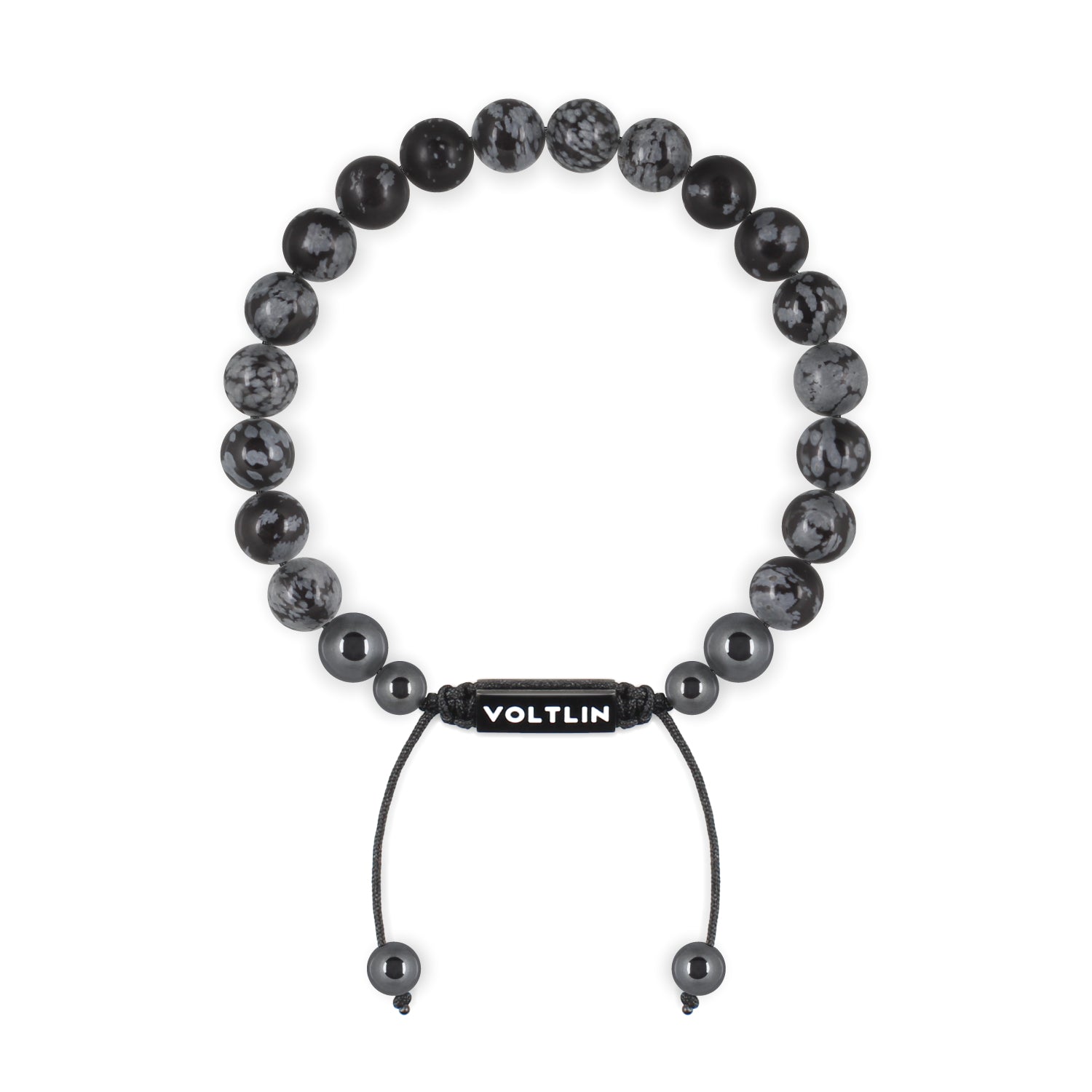 Front view of an 8mm Snowflake Obsidian crystal beaded shamballa bracelet with black stainless steel logo bead made by Voltlin