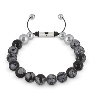 Front view of a 10mm Snowflake Obsidian beaded shamballa bracelet with silver stainless steel logo bead made by Voltlin