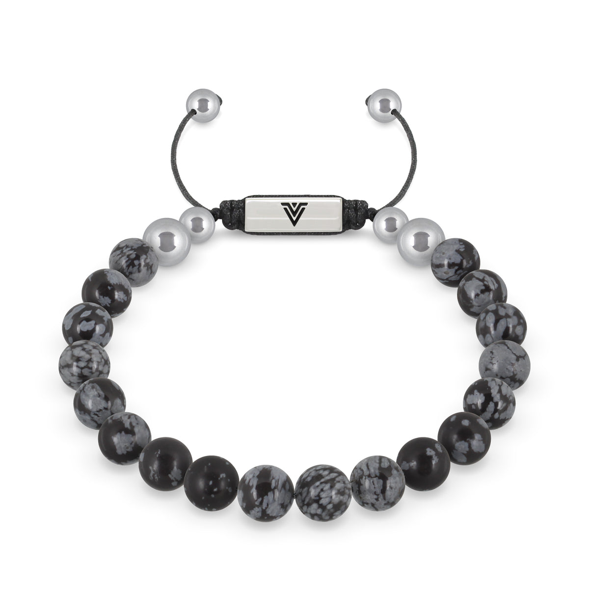 Front view of an 8mm Snowflake Obsidian beaded shamballa bracelet with silver stainless steel logo bead made by Voltlin