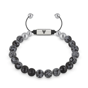 Front view of an 8mm Snowflake Obsidian beaded shamballa bracelet with silver stainless steel logo bead made by Voltlin