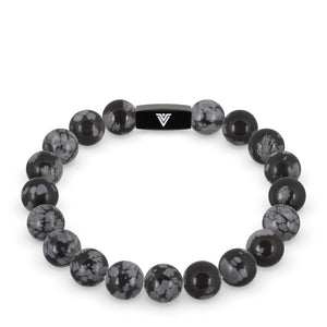 Front view of a 10mm Snowflake Obsidian crystal beaded stretch bracelet with black stainless steel logo bead made by Voltlin