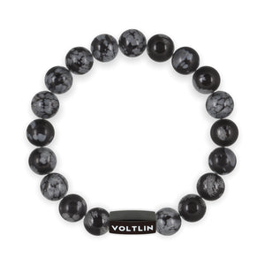 Top view of a 10mm Snowflake Obsidian crystal beaded stretch bracelet with black stainless steel logo bead made by Voltlin
