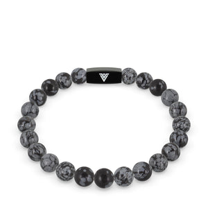 Front view of an 8mm Snowflake Obsidian crystal beaded stretch bracelet with black stainless steel logo bead made by Voltlin