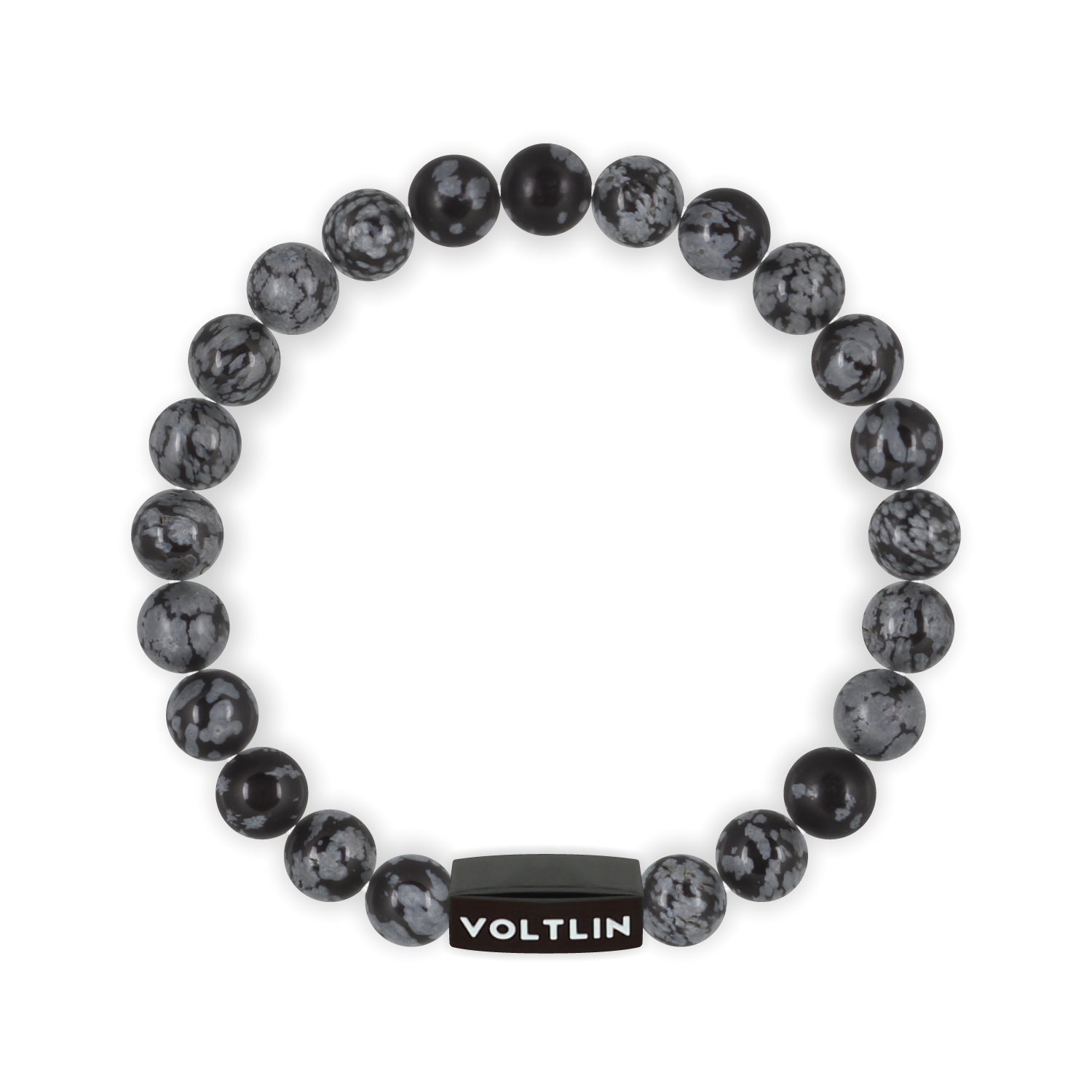 Front view of an 8mm Snowflake Obsidian crystal beaded stretch bracelet with black stainless steel logo bead made by Voltlin