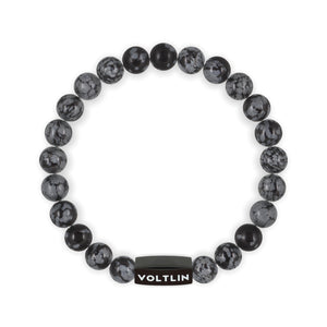 Top view of an 8mm Snowflake Obsidian crystal beaded stretch bracelet with black stainless steel logo bead made by Voltlin