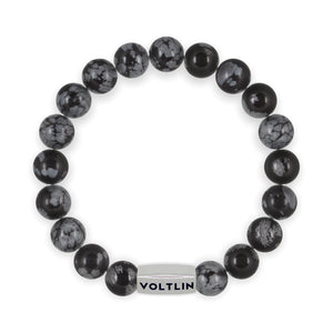 Top view of a 10mm Snowflake Obsidian beaded stretch bracelet with silver stainless steel logo bead made by Voltlin
