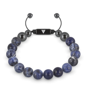 Front view of a 10mm Sodalite crystal beaded shamballa bracelet with black stainless steel logo bead made by Voltlin