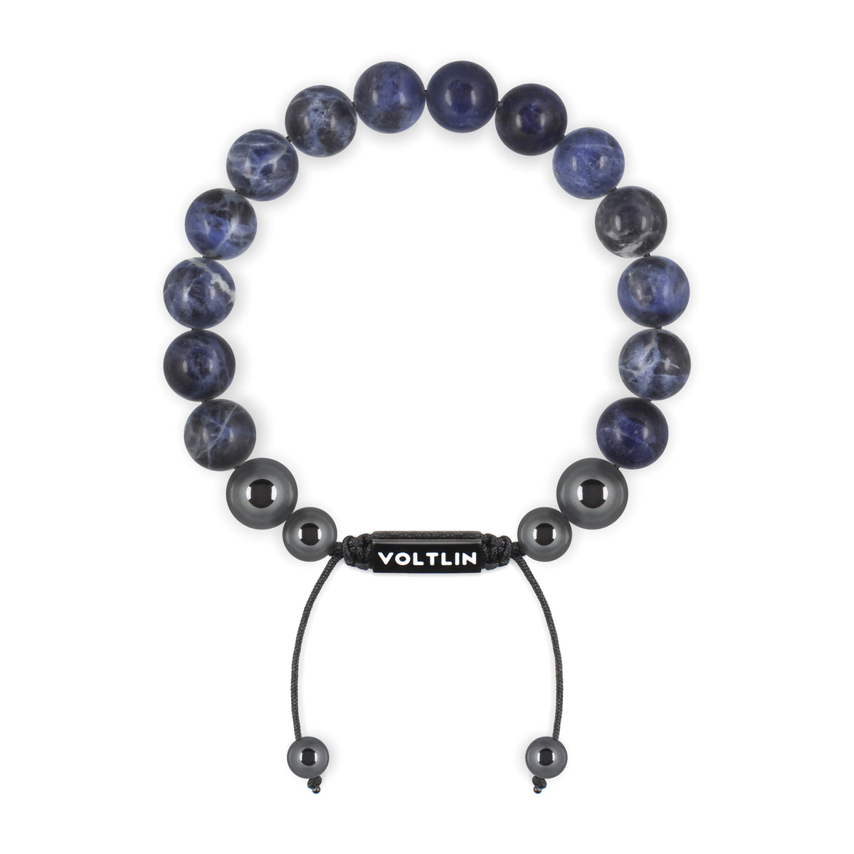 Top view of a 10mm Sodalite crystal beaded shamballa bracelet with black stainless steel logo bead made by Voltlin