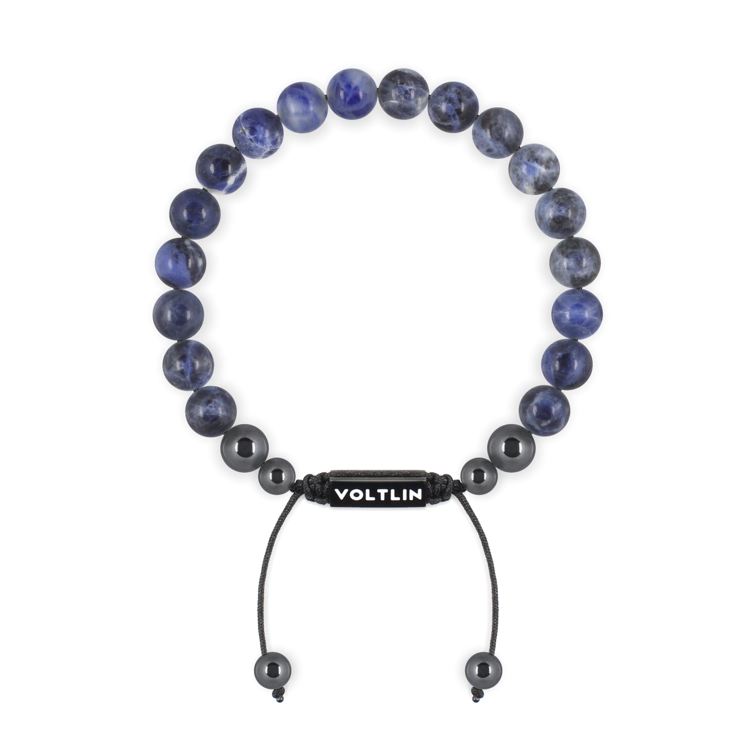 Front view of an 8mm Sodalite crystal beaded shamballa bracelet with black stainless steel logo bead made by Voltlin