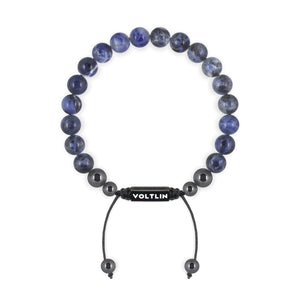 Top view of an 8mm Sodalite crystal beaded shamballa bracelet with black stainless steel logo bead made by Voltlin