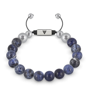 Front view of a 10mm Sodalite beaded shamballa bracelet with silver stainless steel logo bead made by Voltlin