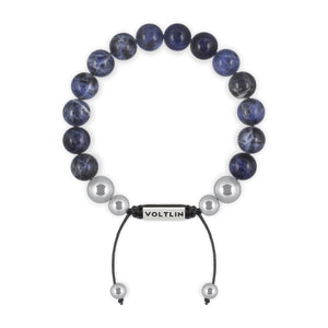 Top view of a 10mm Sodalite beaded shamballa bracelet with silver stainless steel logo bead made by Voltlin