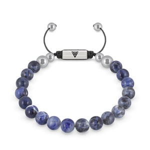 Front view of an 8mm Sodalite beaded shamballa bracelet with silver stainless steel logo bead made by Voltlin