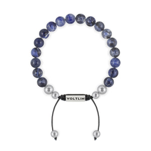 Top view of an 8mm Sodalite beaded shamballa bracelet with silver stainless steel logo bead made by Voltlin