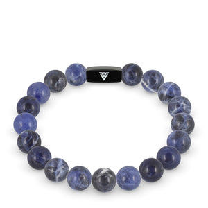 Front view of a 10mm Sodalite crystal beaded stretch bracelet with black stainless steel logo bead made by Voltlin