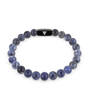 Front view of an 8mm Sodalite crystal beaded stretch bracelet with black stainless steel logo bead made by Voltlin