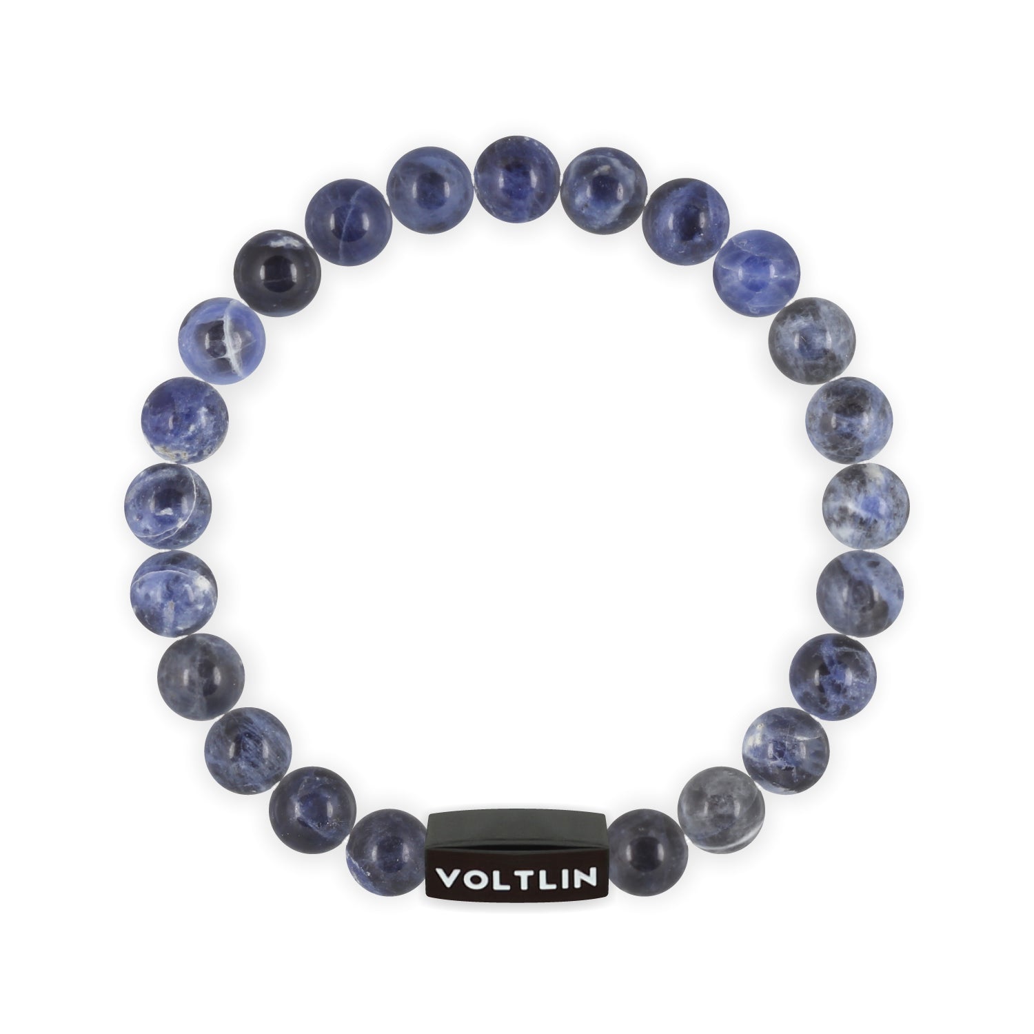 Front view of an 8mm Sodalite crystal beaded stretch bracelet with black stainless steel logo bead made by Voltlin