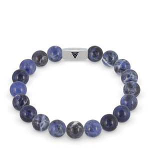 Front view of a 10mm Sodalite beaded stretch bracelet with silver stainless steel logo bead made by Voltlin