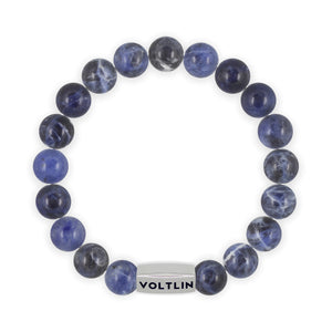 Top view of a 10mm Sodalite beaded stretch bracelet with silver stainless steel logo bead made by Voltlin