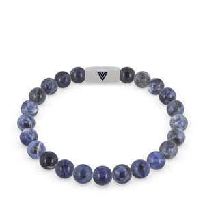 Front view of an 8mm Sodalite beaded stretch bracelet with silver stainless steel logo bead made by Voltlin