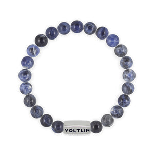 Top view of an 8mm Sodalite beaded stretch bracelet with silver stainless steel logo bead made by Voltlin