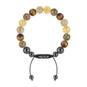 Top view of a 10mm Solar Plexus Chakra crystal beaded shamballa bracelet with black stainless steel logo bead made by Voltlin