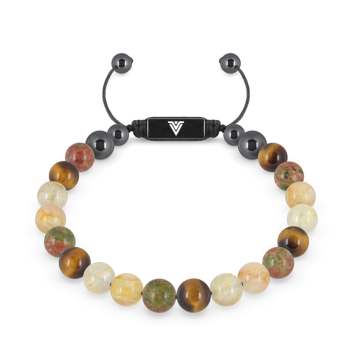 Front view of an 8mm Solar Plexus Chakra crystal beaded shamballa bracelet with black stainless steel logo bead made by Voltlin