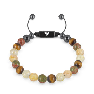 Front view of an 8mm Solar Plexus Chakra crystal beaded shamballa bracelet with black stainless steel logo bead made by Voltlin