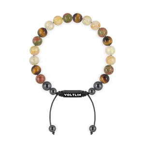 Top view of an 8mm Solar Plexus Chakra crystal beaded shamballa bracelet with black stainless steel logo bead made by Voltlin