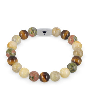 Front view of a 10mm Solar Plexus Chakra beaded stretch bracelet featuring Unakite, Yellow Tiger's Eye, Rutilated Quartz, & Citrine crystal and silver stainless steel logo bead made by Voltlin