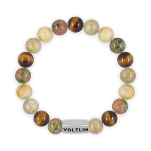 Top view of a 10mm Solar Plexus Chakra beaded stretch bracelet featuring Unakite, Yellow Tiger's Eye, Rutilated Quartz, & Citrine crystal and silver stainless steel logo bead made by Voltlin