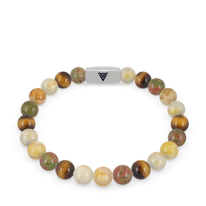 Front view of an 8mm Solar Plexus Chakra beaded stretch bracelet featuring Unakite, Yellow Tiger's Eye, Rutilated Quartz, & Citrine crystal and silver stainless steel logo bead made by Voltlin