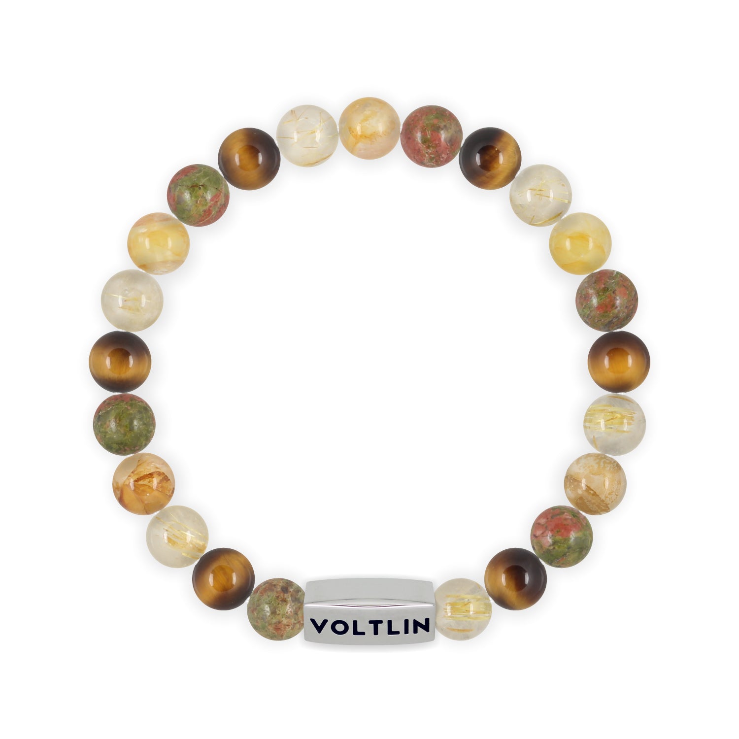 Front view of an 8mm Solar Plexus Chakra beaded stretch bracelet featuring Unakite, Yellow Tiger's Eye, Rutilated Quartz, & Citrine crystal and silver stainless steel logo bead made by Voltlin