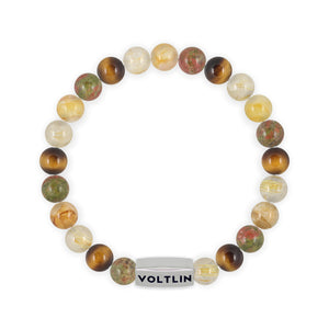 Top view of an 8mm Solar Plexus Chakra beaded stretch bracelet featuring Unakite, Yellow Tiger's Eye, Rutilated Quartz, & Citrine crystal and silver stainless steel logo bead made by Voltlin