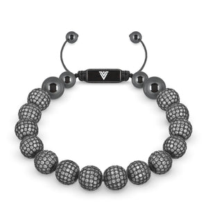 Front view of a 10mm Steel Pave crystal beaded shamballa bracelet with black stainless steel logo bead made by Voltlin