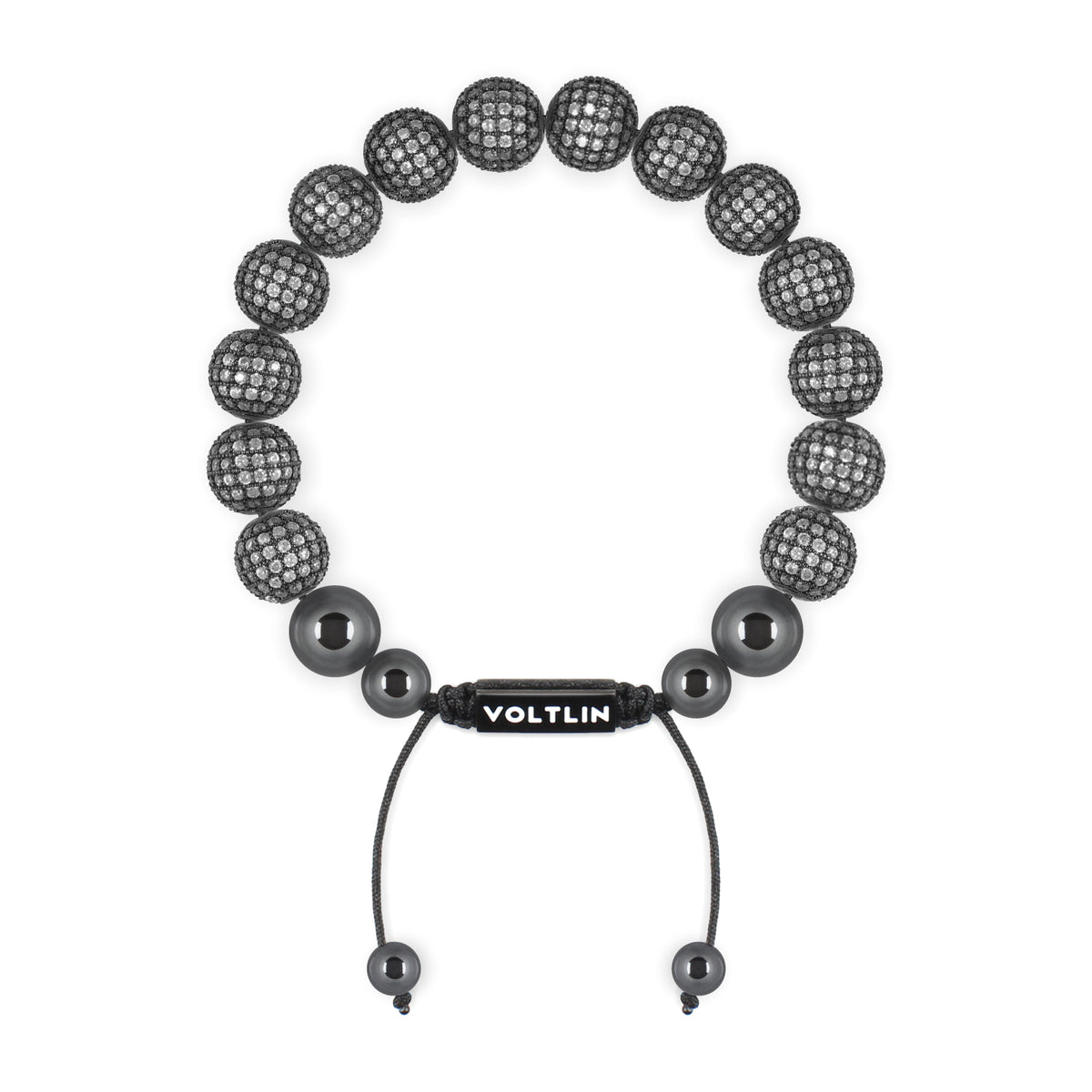 Top view of a 10mm Steel Pave crystal beaded shamballa bracelet with black stainless steel logo bead made by Voltlin