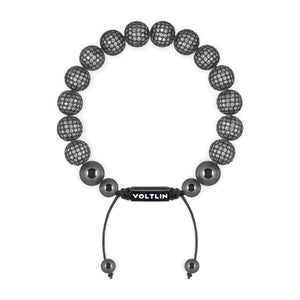Top view of a 10mm Steel Pave crystal beaded shamballa bracelet with black stainless steel logo bead made by Voltlin