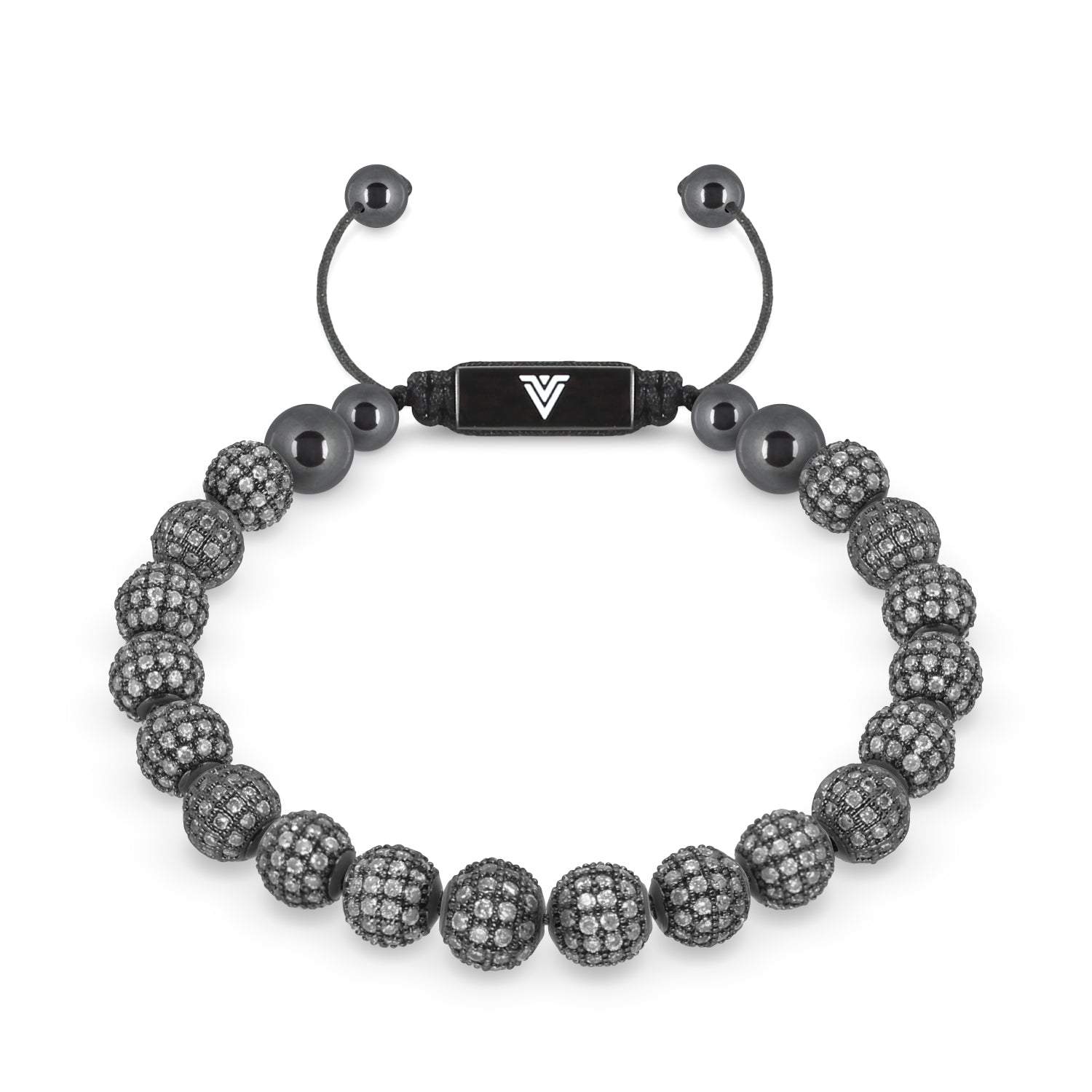 Front view of an 8mm Steel Pave crystal beaded shamballa bracelet with black stainless steel logo bead made by Voltlin