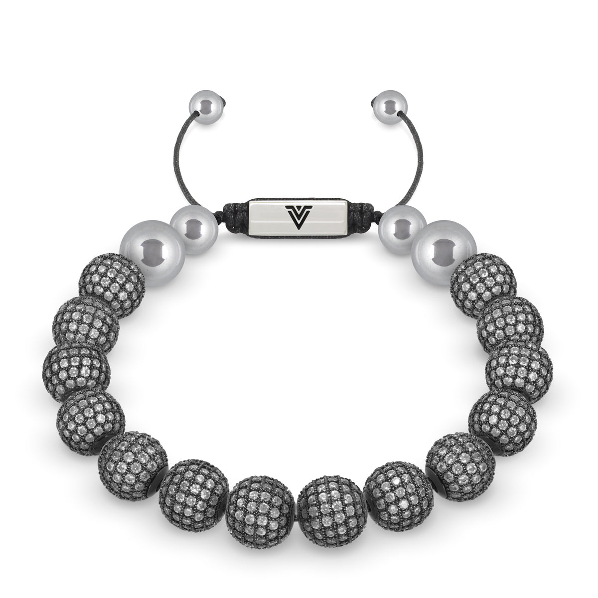 Front view of a 10mm Steel Pave beaded shamballa bracelet with silver stainless steel logo bead made by Voltlin