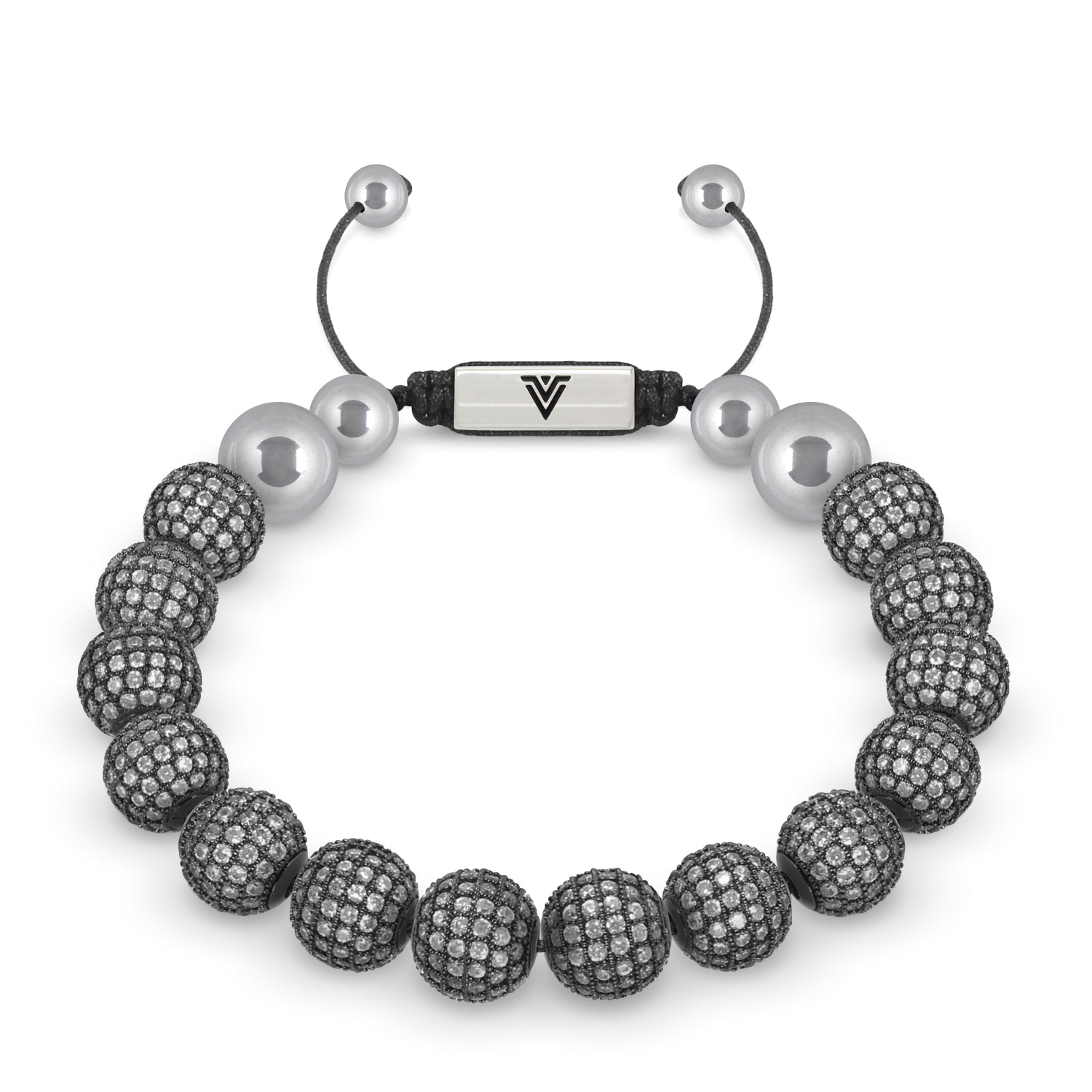 Front view of a 10mm Steel Pave beaded shamballa bracelet with silver stainless steel logo bead made by Voltlin