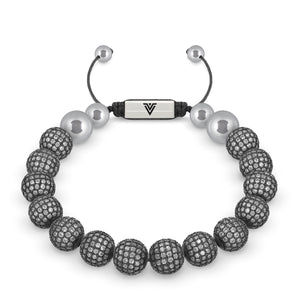 Front view of a 10mm Steel Pave beaded shamballa bracelet with silver stainless steel logo bead made by Voltlin