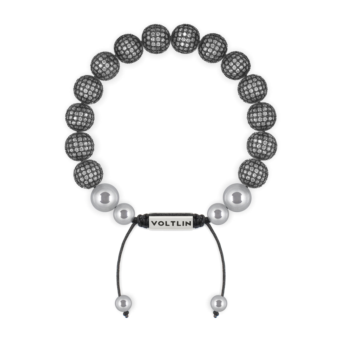 Top view of a 10mm Steel Pave beaded shamballa bracelet with silver stainless steel logo bead made by Voltlin