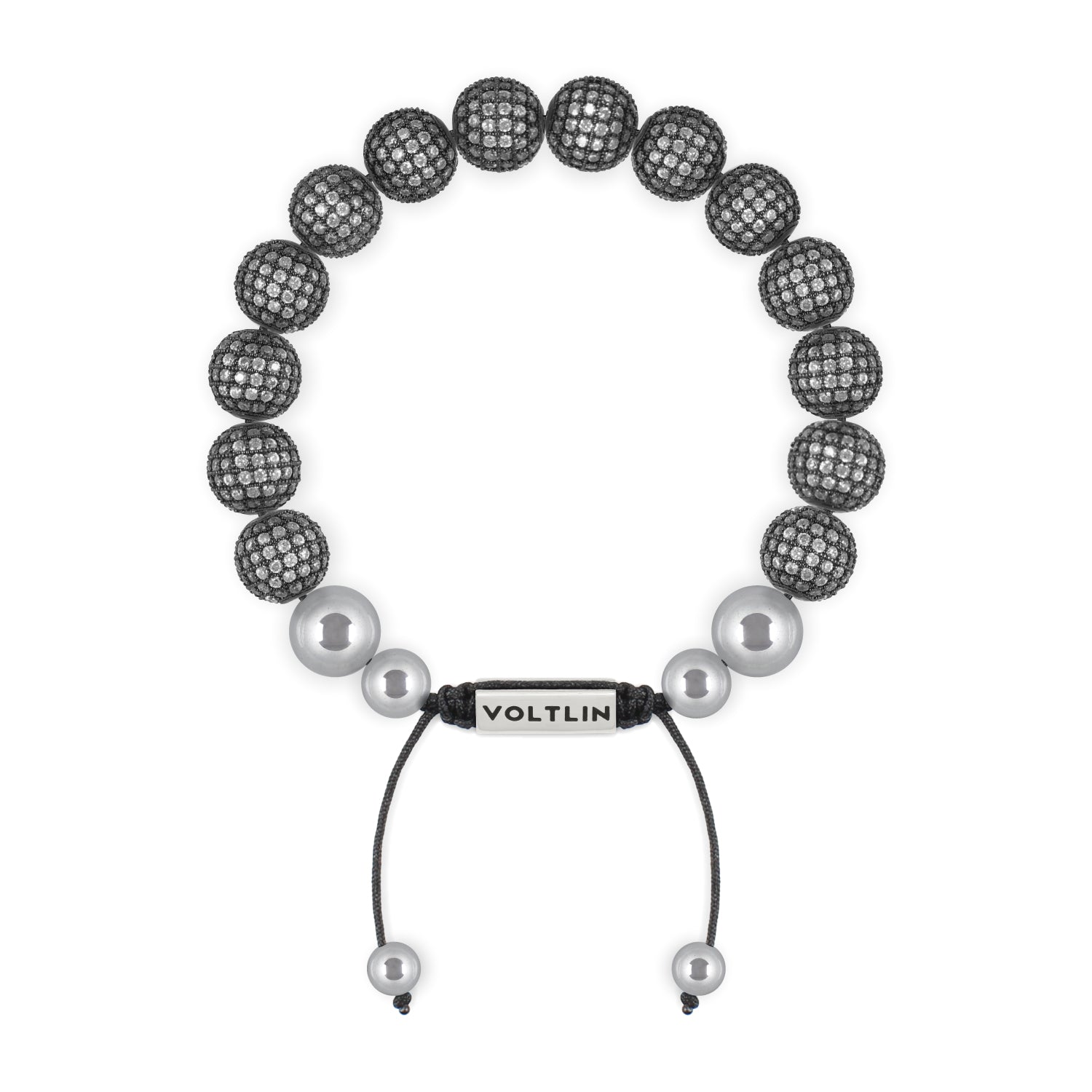 Top view of a 10mm Steel Pave beaded shamballa bracelet with silver stainless steel logo bead made by Voltlin