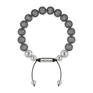 Top view of a 10mm Steel Pave beaded shamballa bracelet with silver stainless steel logo bead made by Voltlin