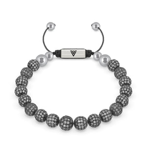 Front view of an 8mm Steel Pave beaded shamballa bracelet with silver stainless steel logo bead made by Voltlin