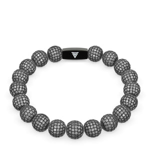 Front view of a 10mm Steel Pave crystal beaded stretch bracelet with black stainless steel logo bead made by Voltlin