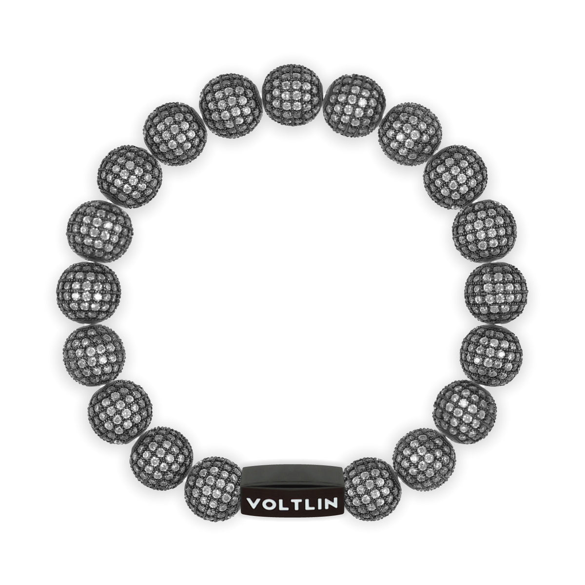 Top view of a 10mm Steel Pave crystal beaded stretch bracelet with black stainless steel logo bead made by Voltlin