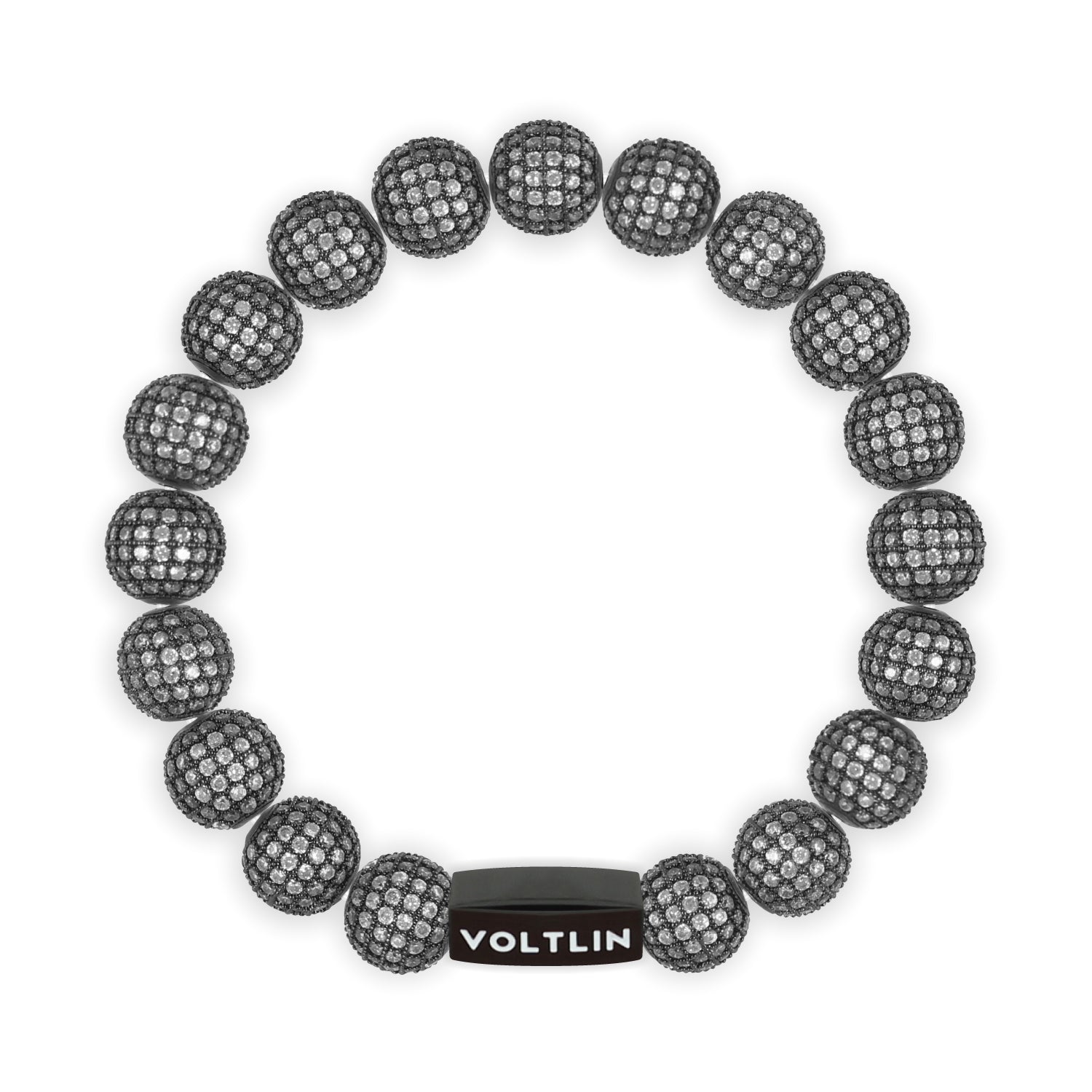 Top view of a 10mm Steel Pave crystal beaded stretch bracelet with black stainless steel logo bead made by Voltlin
