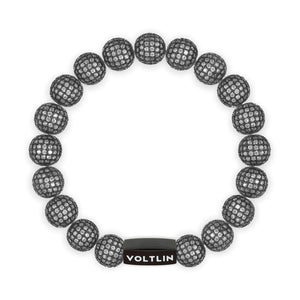 Top view of a 10mm Steel Pave crystal beaded stretch bracelet with black stainless steel logo bead made by Voltlin