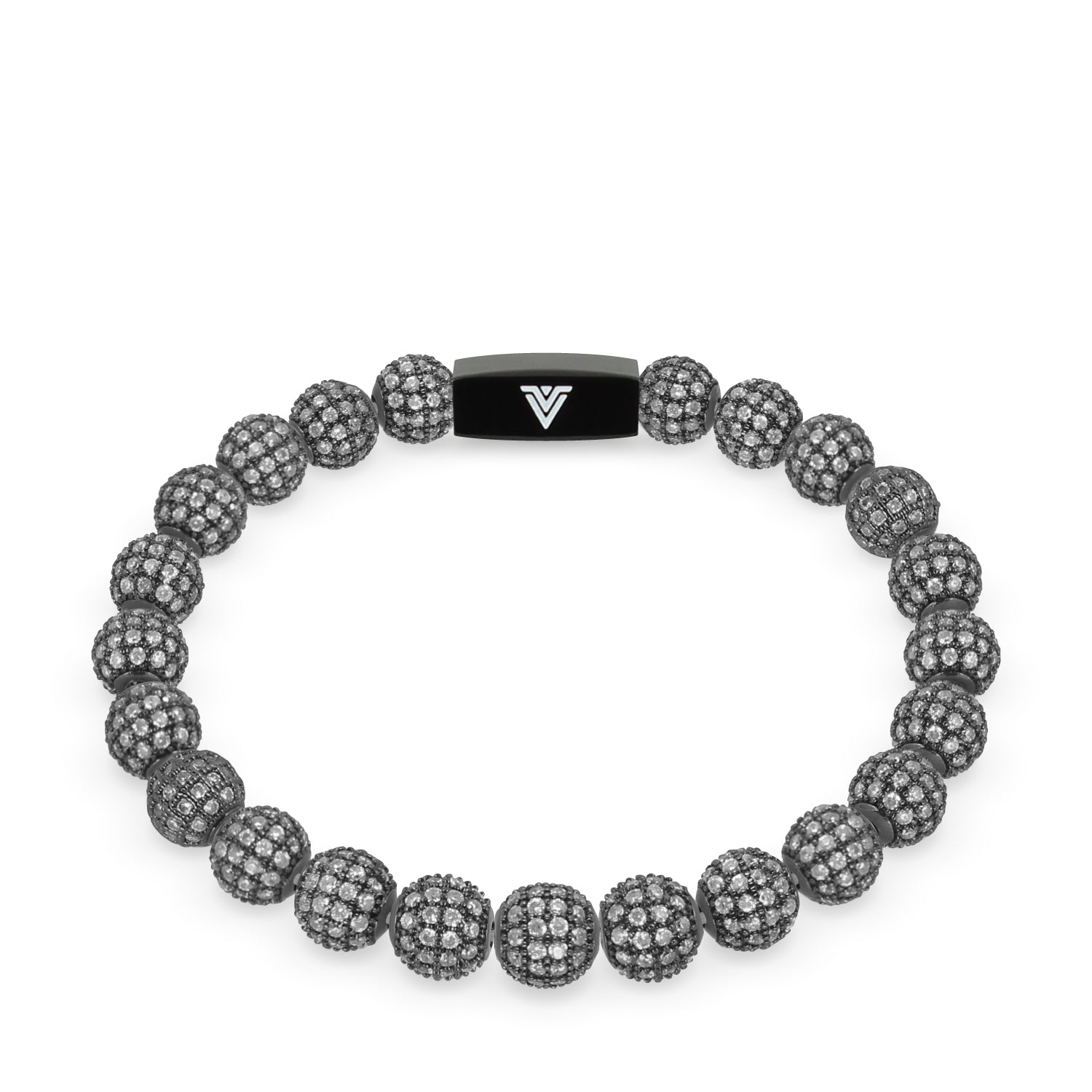 Front view of an 8mm Steel Pave crystal beaded stretch bracelet with black stainless steel logo bead made by Voltlin